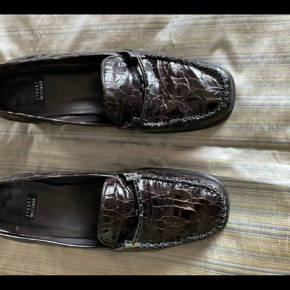 Stuart Weitzman Shoes - Stuart Weitzman patent croc loafer. Leather. Strip of black stones on top